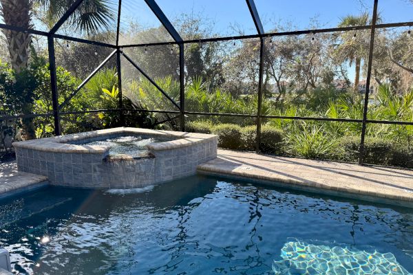 A screened-in pool area with a hot tub, surrounded by lush greenery and palm trees under a clear blue sky.